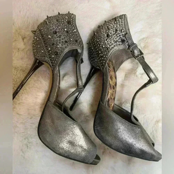 SAM EDELMAN SCARLETT SPIKE PEWTER CIPRIA LEATHER HEEL gray size: 8.5 - Picture 5 of 10